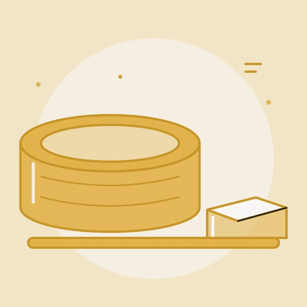 Illustration : une grande meule de fromage et un pain de beurre posés sur une planche
