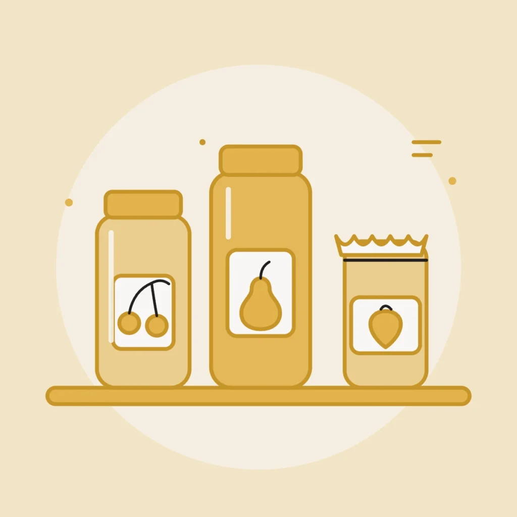 Illustration : trois pots de confiture sur une étagère, étiquettes cerises, poire et fraise