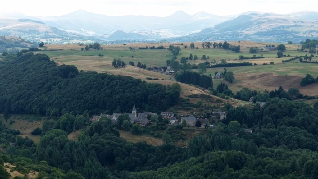 Das Dorf Marchastel im Tal und die Berge des Cantal in der Ferne